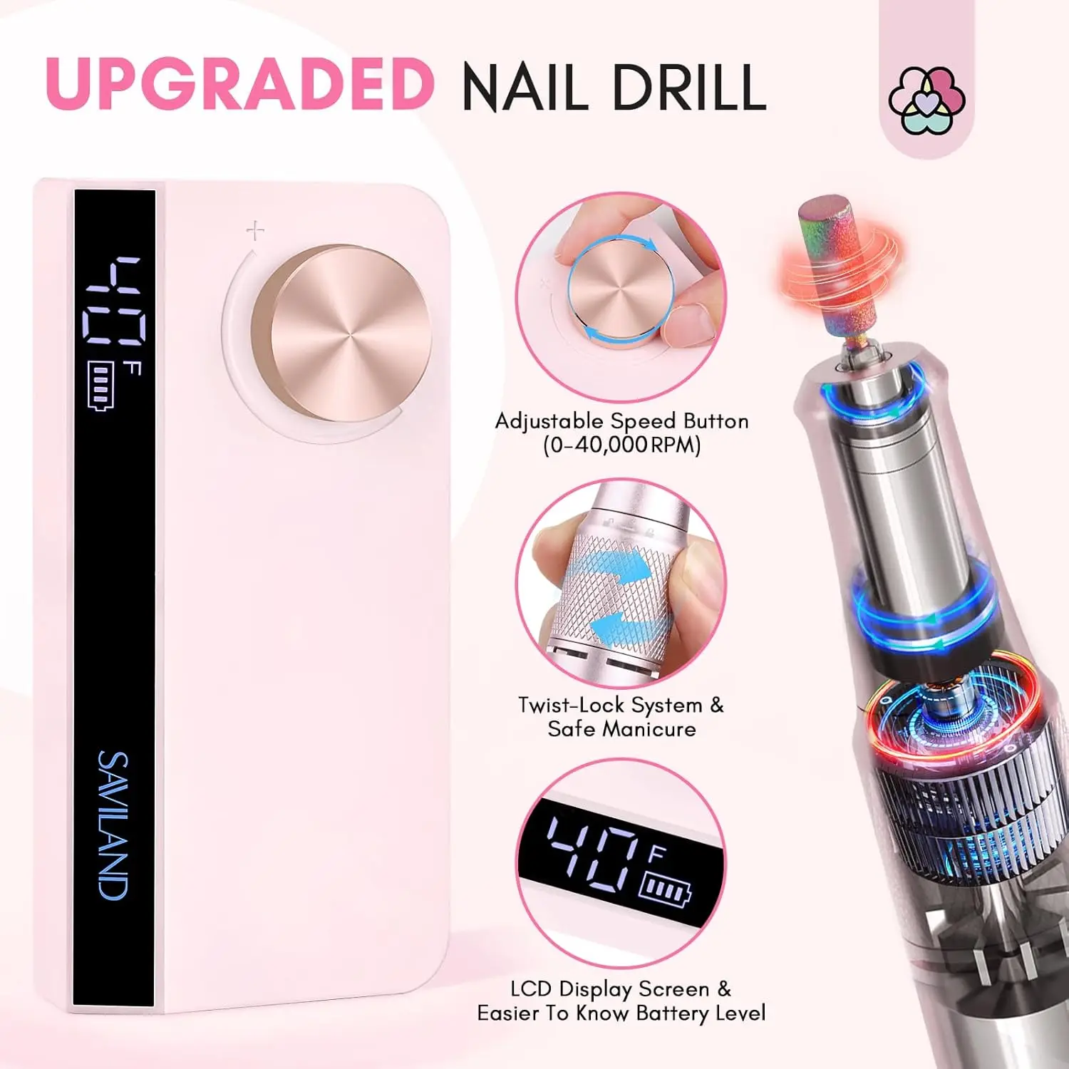 Perceuse à ongles électrique professionnelle avec 40000 tr/min et embouts colorés pour manucure et pédicure, usage domestique en Salon