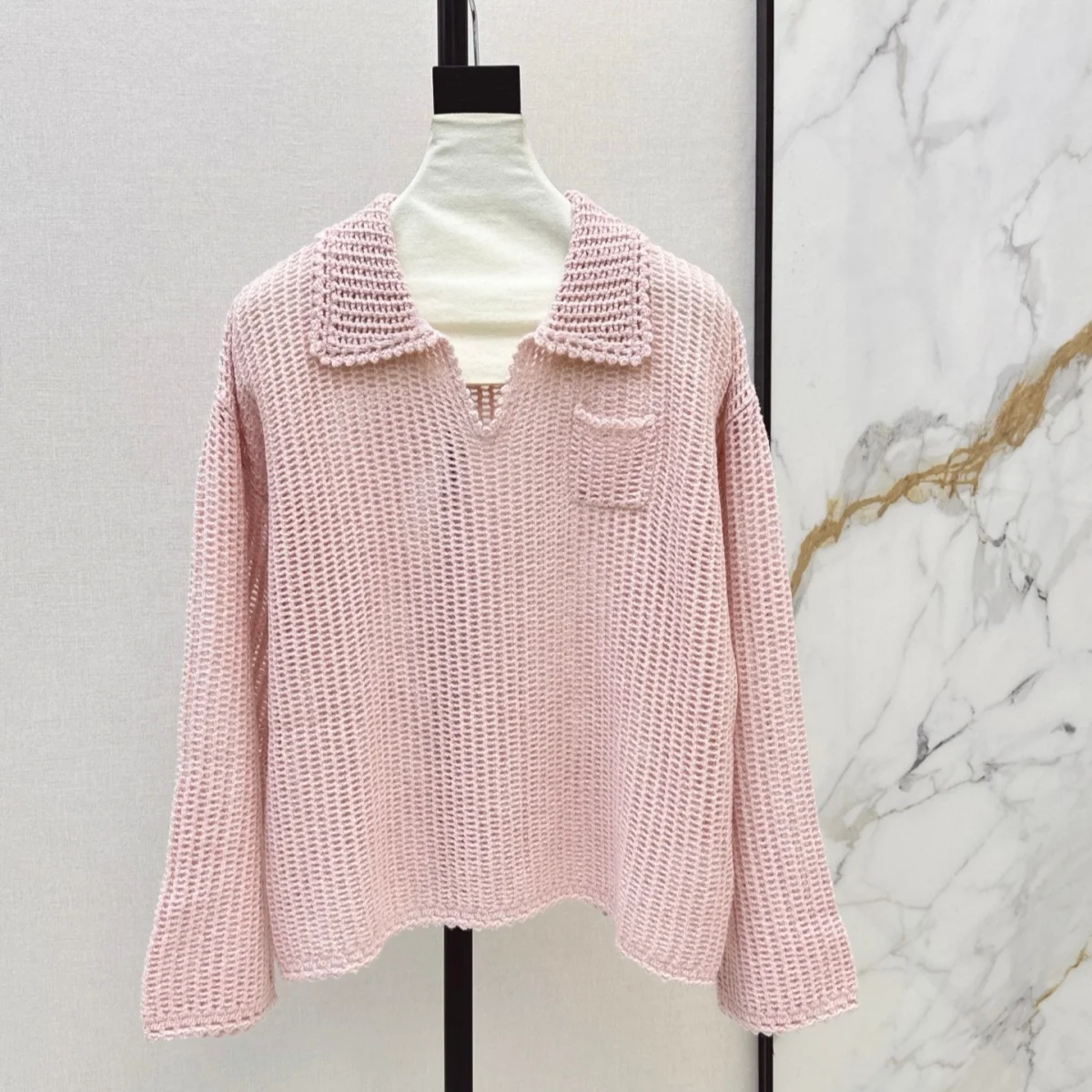 2026 High Quality Women's Polo Collar Hollow Mesh Knitted Hoodie--26919115