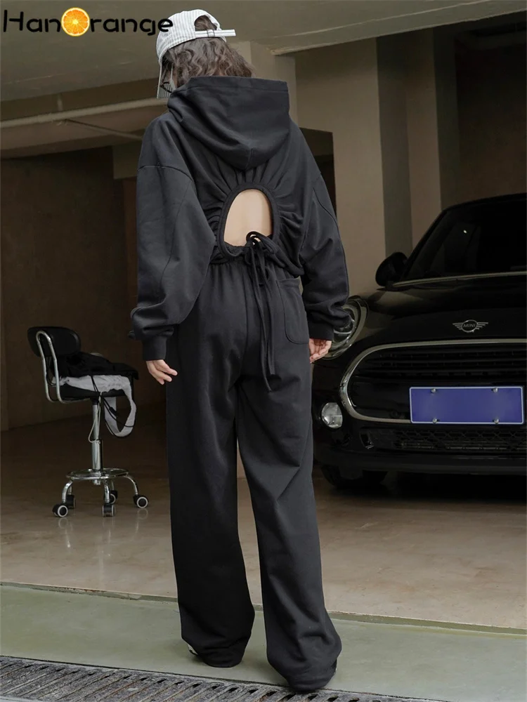 HanOrange 2025 Spring Simple Back Hollow Short Hoodies Women Loose Strap Casual Hooded Top Active Black/White