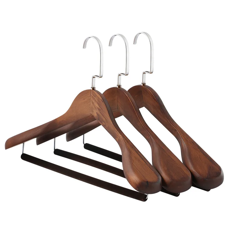 1PC Non-slip Wood Clothes Hanger Wide Shoulder Flocking Rod Hanger Clothes Drying Rack Household Wardrobes Thick Clothes Support