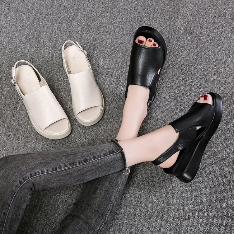 Women's Platforms Sandals Summer New Solid Color Back Empty Buckle Strap Large Size High-heeled Women Shoes 6.5CM Wedge Sandals