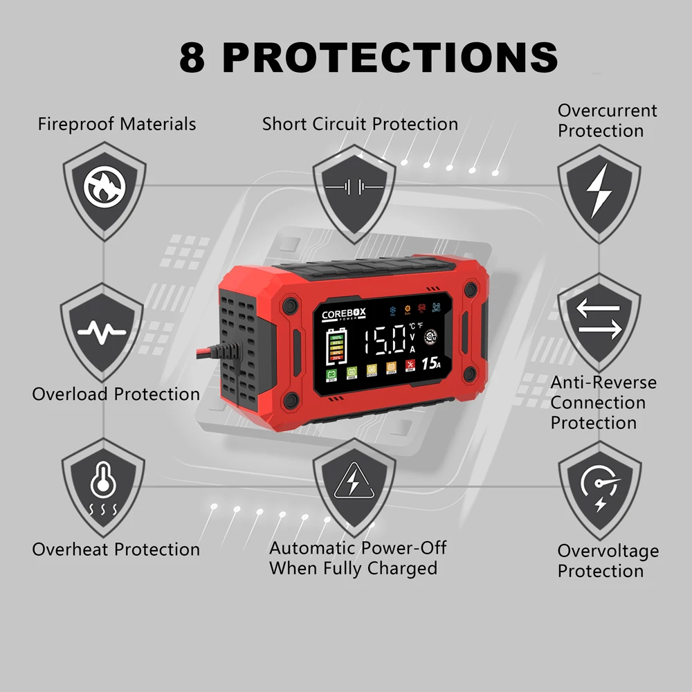 12V 15A 8A Inteligentní nabíječka baterií pro auto, moto, LiFePO4, olověné, kyselinové, AGM, gelové, LED digitální dotykové displeje, lithium-iron nabíječky baterií - náhled 3