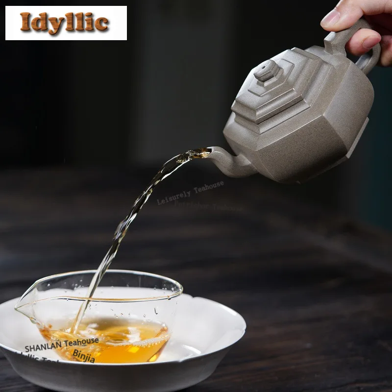 320ml Antique Yixing Purple Clay Teapots Handmade Hexagonal Pot Raw Ore Livid Section Mud Kettle Zisha Tea Set Cha Craft Gifts