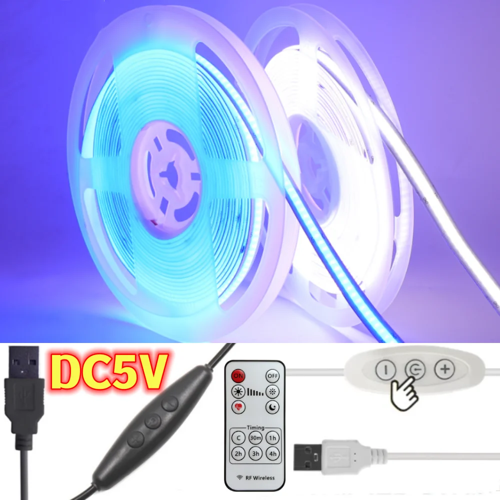 USB Dimmable LED Strip 5V RA90 COB diode Tape Rope Lamp With RF Remote Control 8MM Width 320LEDs/m Flexible Ribbon