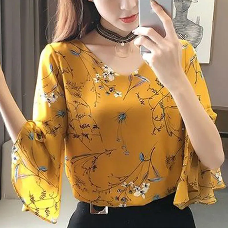 Women\'s Elegant V-neck Short Sleeve Chiffon Shirts, Loose Tops, Simplicity Printing, Casual Clothes, All-match, Summer Fashion