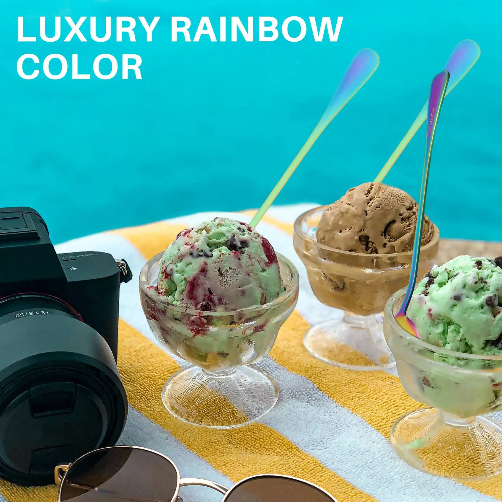 ABUH-Coffee Teaspoons, Set Of 6 Rainbow Color Coffee Spoon Long-Handle Ice Cream Desert Spoon Cocktail Stir Spoons Mixing Spoon,
