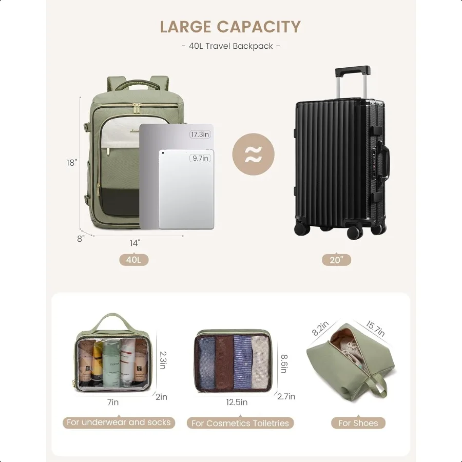 Large Travel Backpack for Women 40L TSA Appd Backpack with 3 Packing Cubes Personal Item Bag Fits 17 Laptop Waterresistant Carr