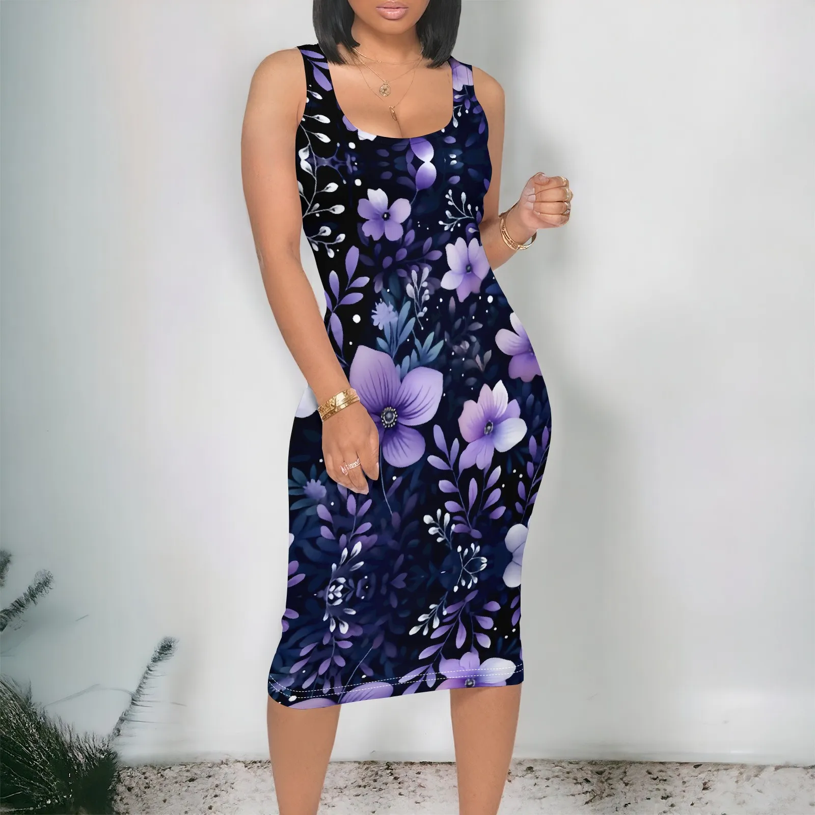 

Purple Floral Print Tank Dress S-3XL Midnight Garden Bodycon Style for Date Night, Summer Wedding or Elegant Evening Look