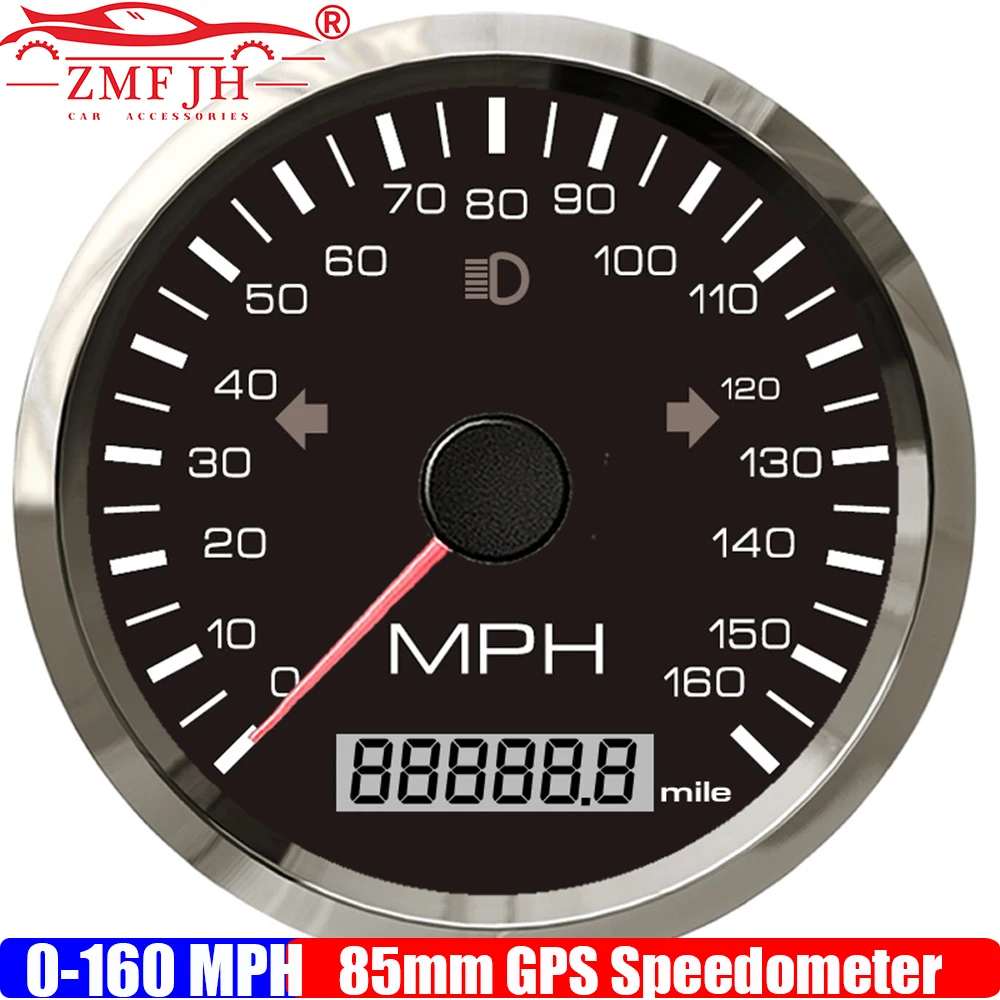 ZMFJH 0-160MPH 85MM GPS Speedometer Gauge with Antenna Red Backlight Odometer High Beam Turn Light for Boat Yacht Car 12V24V