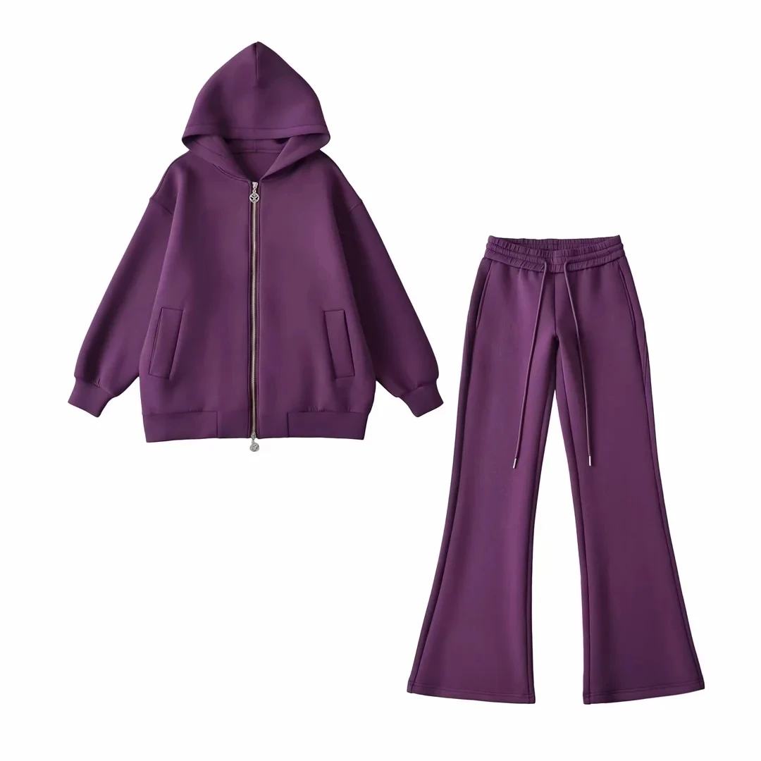 Felpa con cappuccio ampia da donna con doppia cerniera a vita bassa Bell Bot Space Cotton Comodo pullover pigro Sle Long Sve Crew Ne