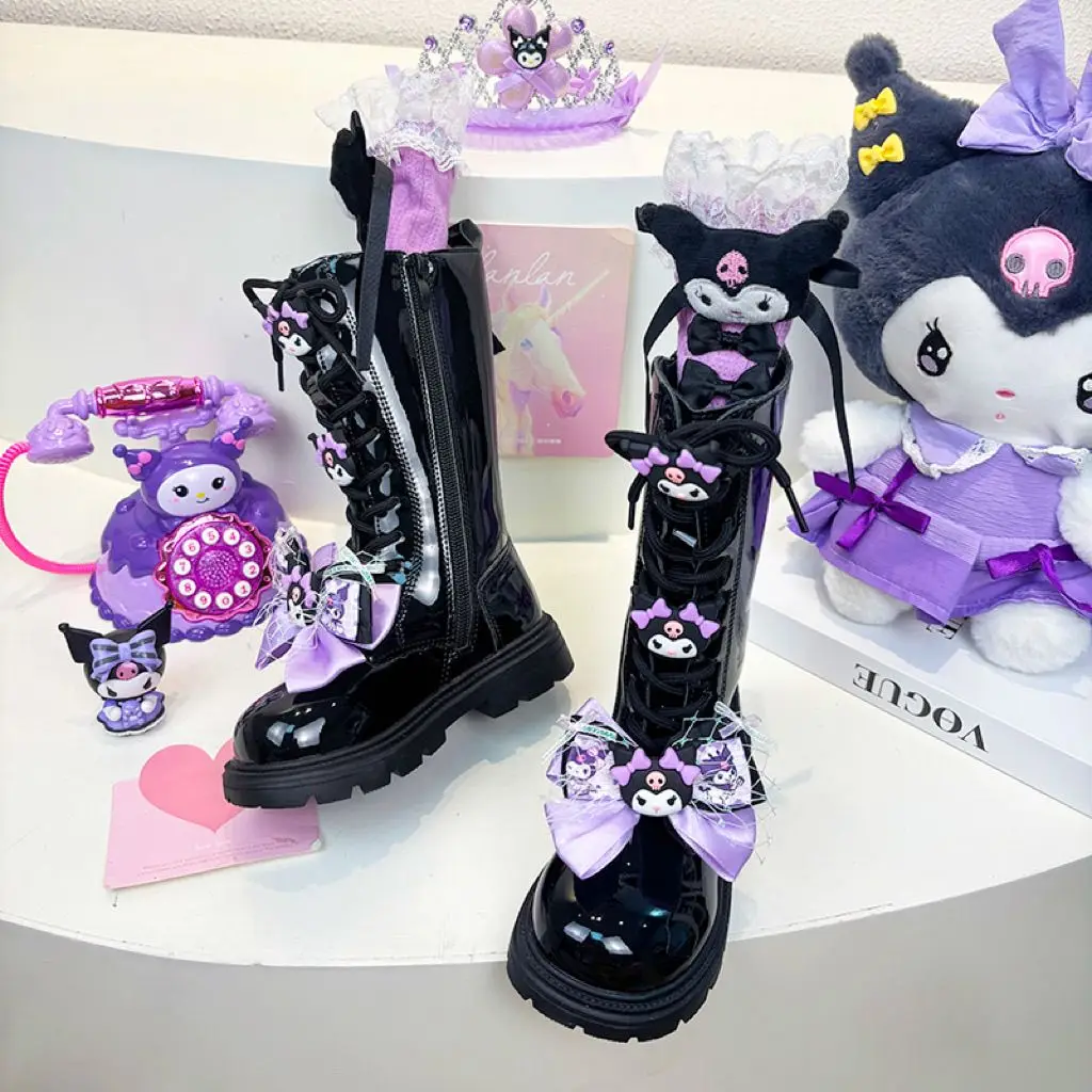 新しいサンリオファッション漫画子供靴かわいいクロミ女の子ロングレザーブーツソフトソール冬子供プラスベルベット綿靴