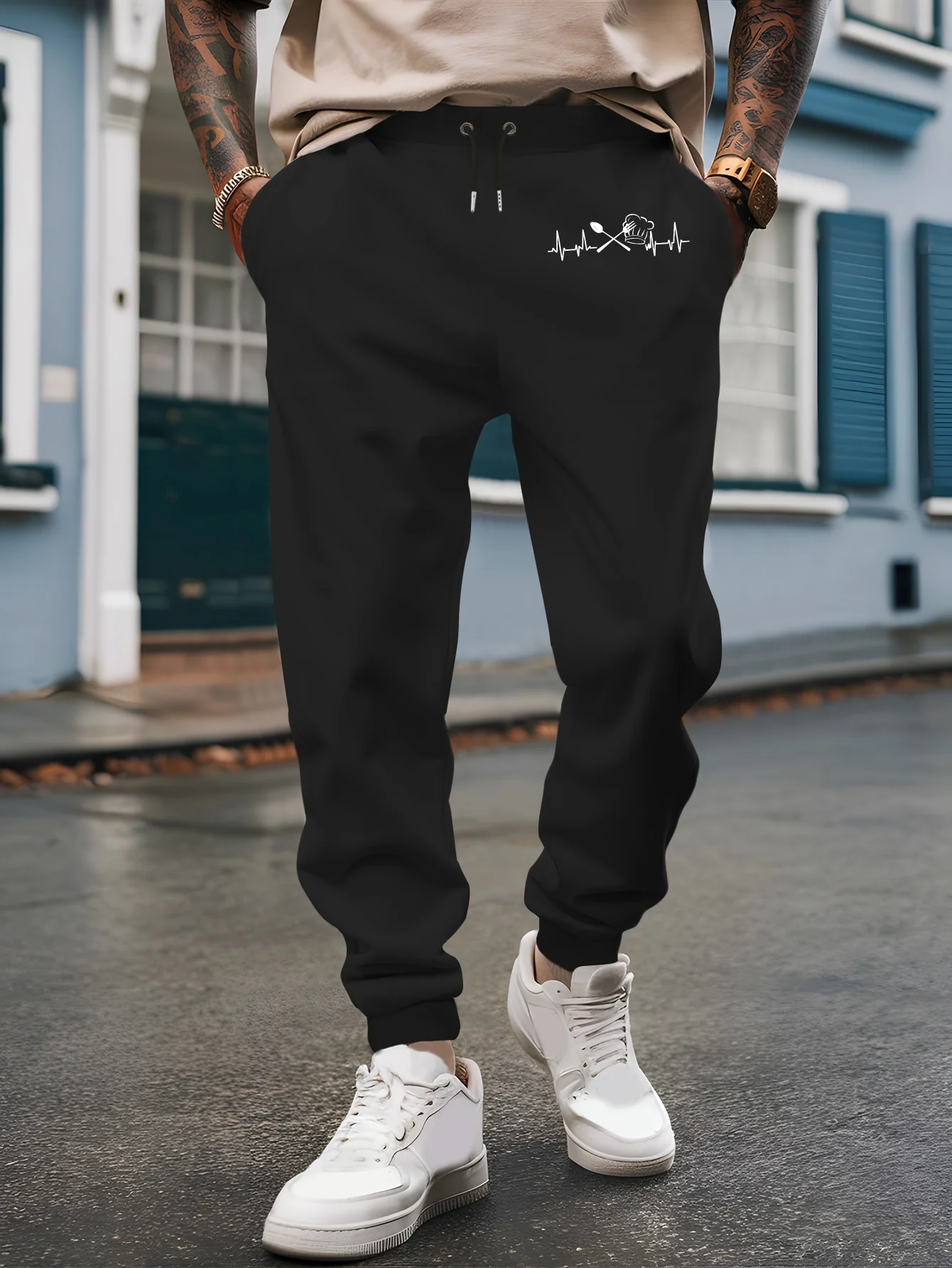 Combat‑sport heartbeat glove sketch graphic relaxed loose cut sweatpants men hip hop sports casual jogger pants