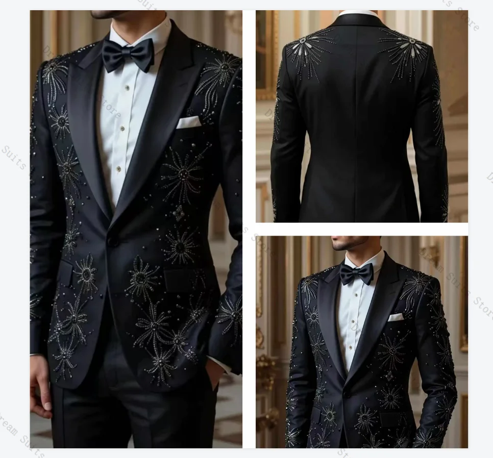 

Luxury Crystal Stone Men Suit Set 2 Piece Brown Blazer+Black Pants Trousers Customized Formal Office Jacket Wedding Tuxedos Coat