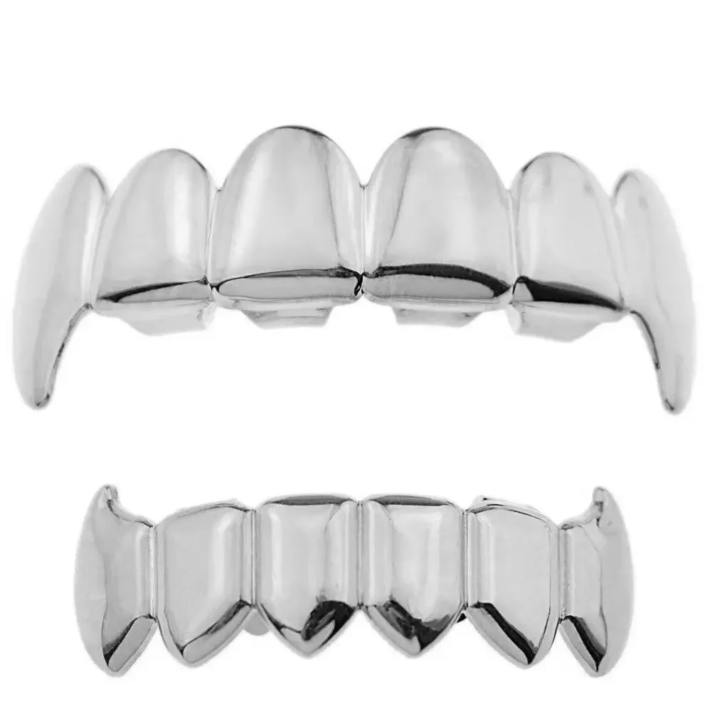 Gold Silver Plated HIP HOP Teeth Grillz Top & Bottom Grills Set With Silicone Real Shiny Vampire Tooth Sets