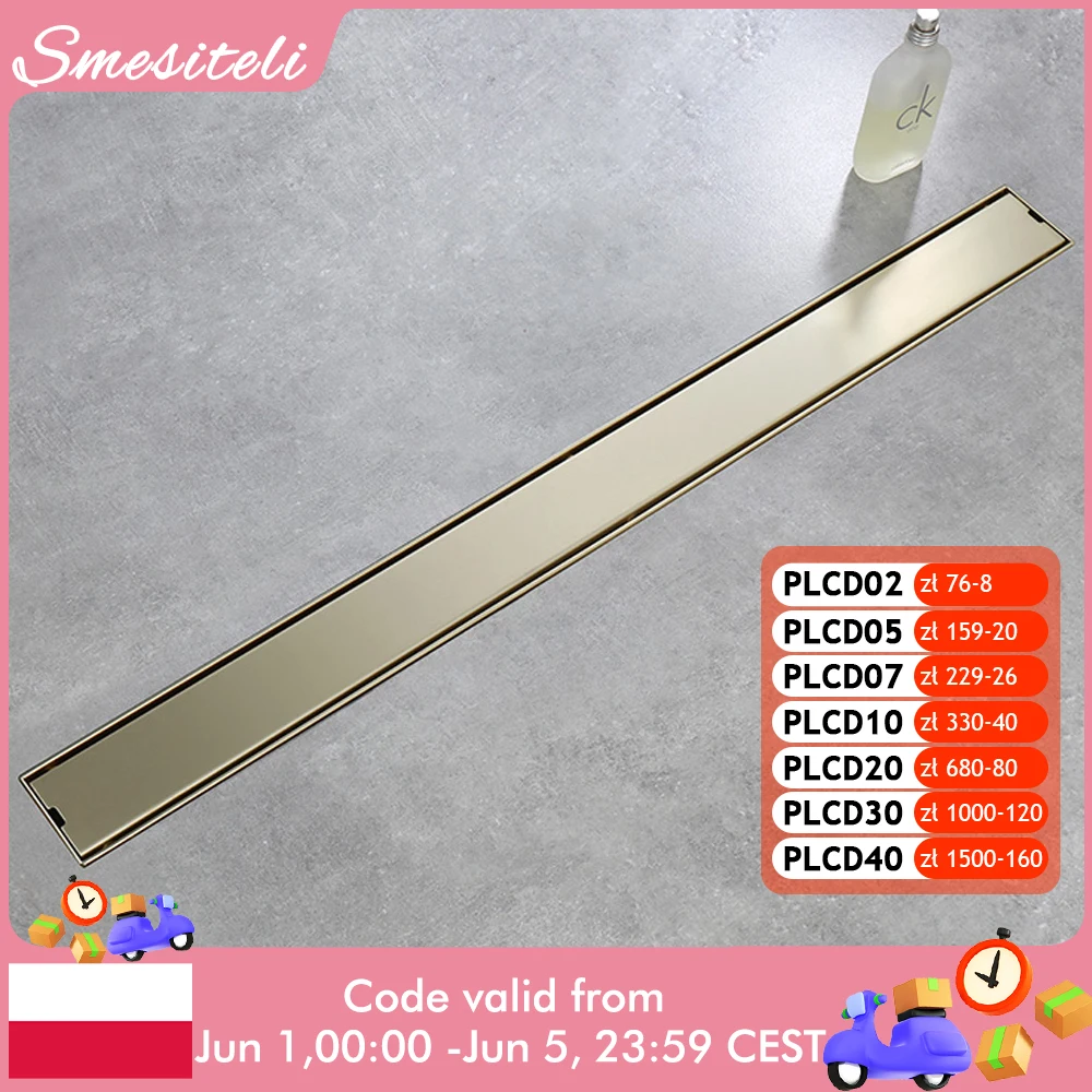 

Bathroom Floor Drain Invisible Brushed Gold Shower Drain Strainer Anti-odor Kitchen Accessories 60-100CM 304 Stainless Steel Squ