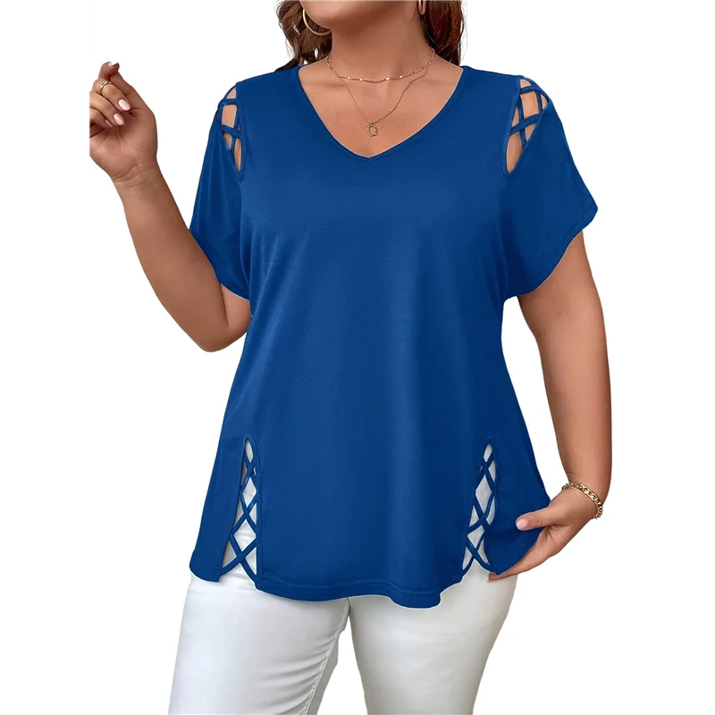 CYL-Tops túnica femininos de manga curta cortados com decote em V elegantes casuais soltos tops longos