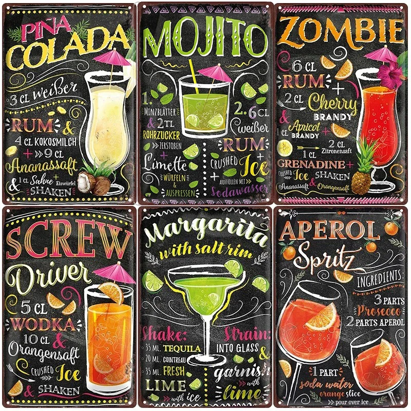 Various  Vintage Cocktail Recipe Metal Sign Set, Retro Bar Drink Art, Distressed Wall Decor for Home Bar & Tiki Lounge