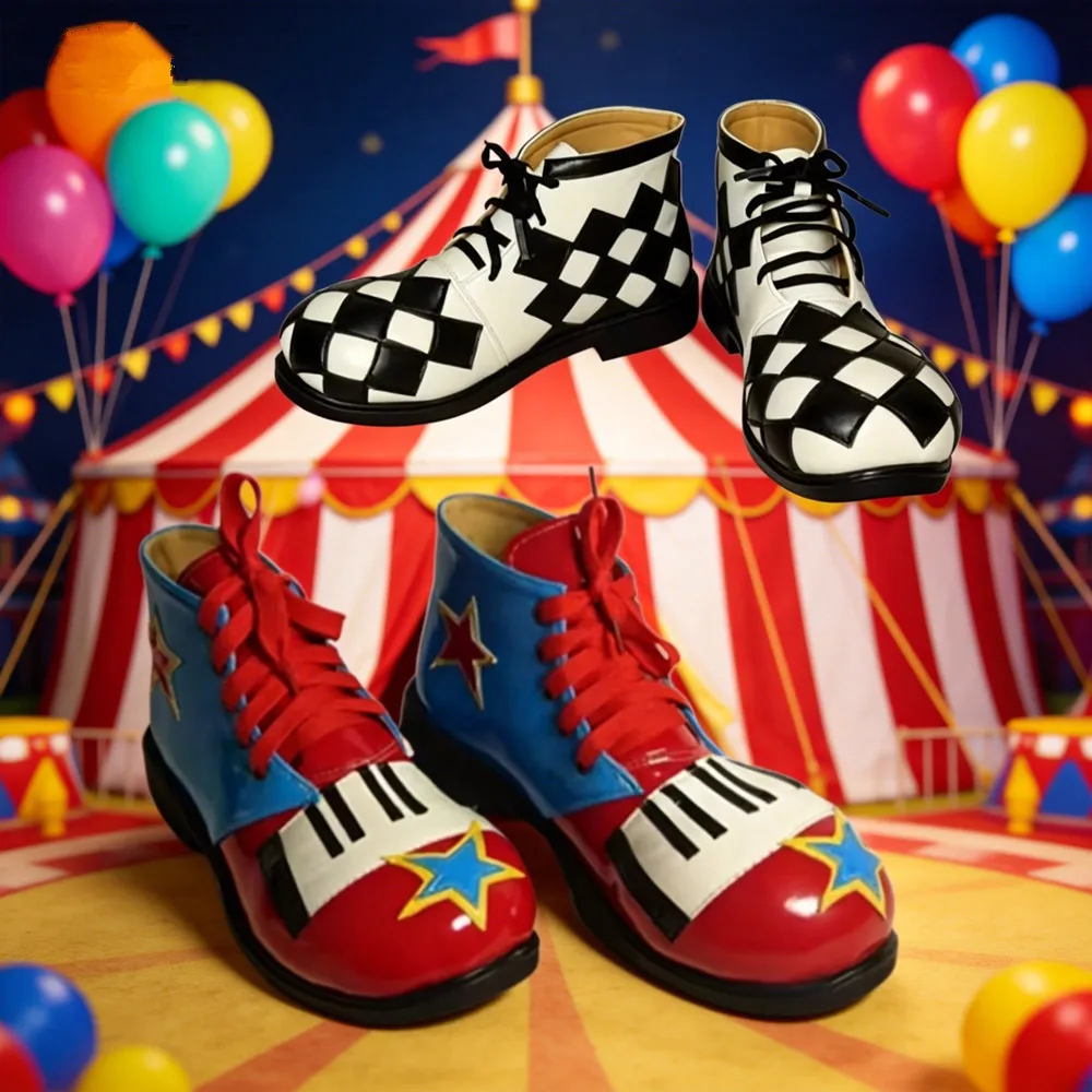 Black White Grid Clown Shoes Extra Large Joker Boots Unisex Piano keys Style Circus Party Supplies Festival Performance