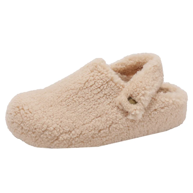 Gray Furry Women's Flat Shoes Winter Outdoor Wear Padded Bean Bean Shoes Slip-On Flats Korean Style Flat Heel Spring Autumn