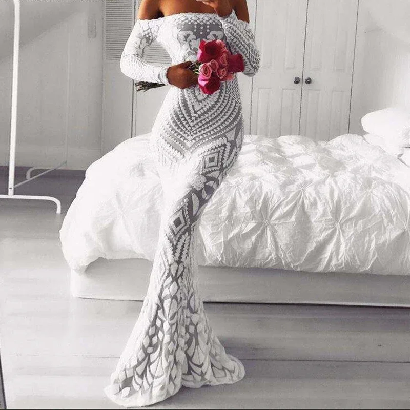 Slash Neck Slim Lace Fishtail Dress Party Women Elegant Long Sleeve Embroidered White Dresses Woman Evening Bride Smaid Vestidos