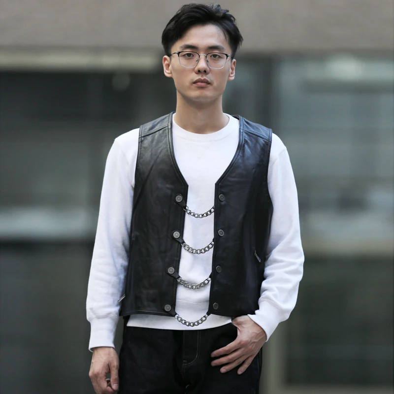 

Spring summer festival men's new steel chain leather vest can be customized fashion casual biker section cowhide undershirt