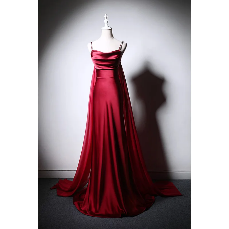 High Quality High Waist Wedding Strap Tube Top Wine Red Bridal Wedding Toast Dress Evening Gown Trailing