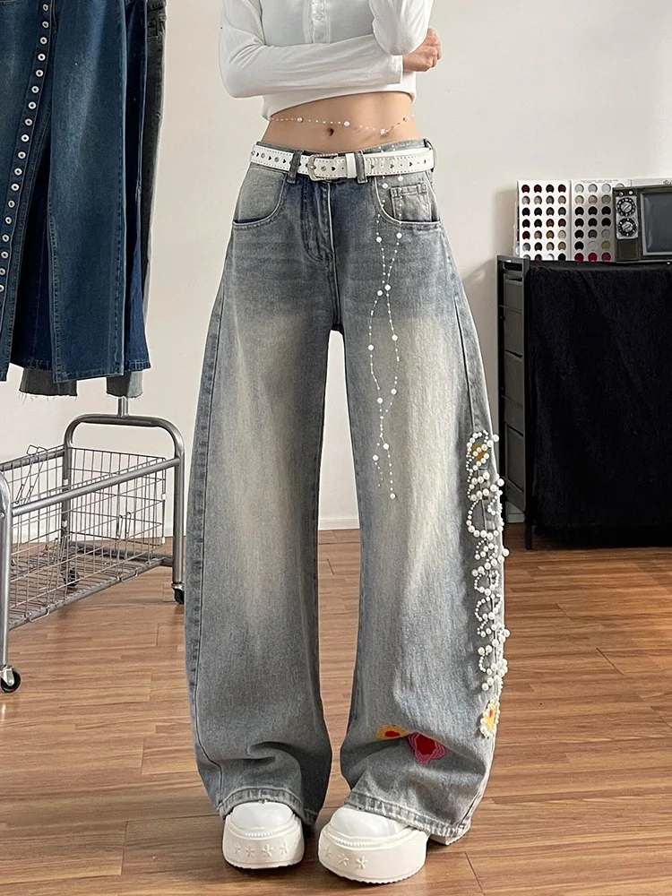 

American High Street Design Floral Embroidery Jeans Women's Faionable 3D Pearl Splicing Floor-Length Pants Casual Loose Fit