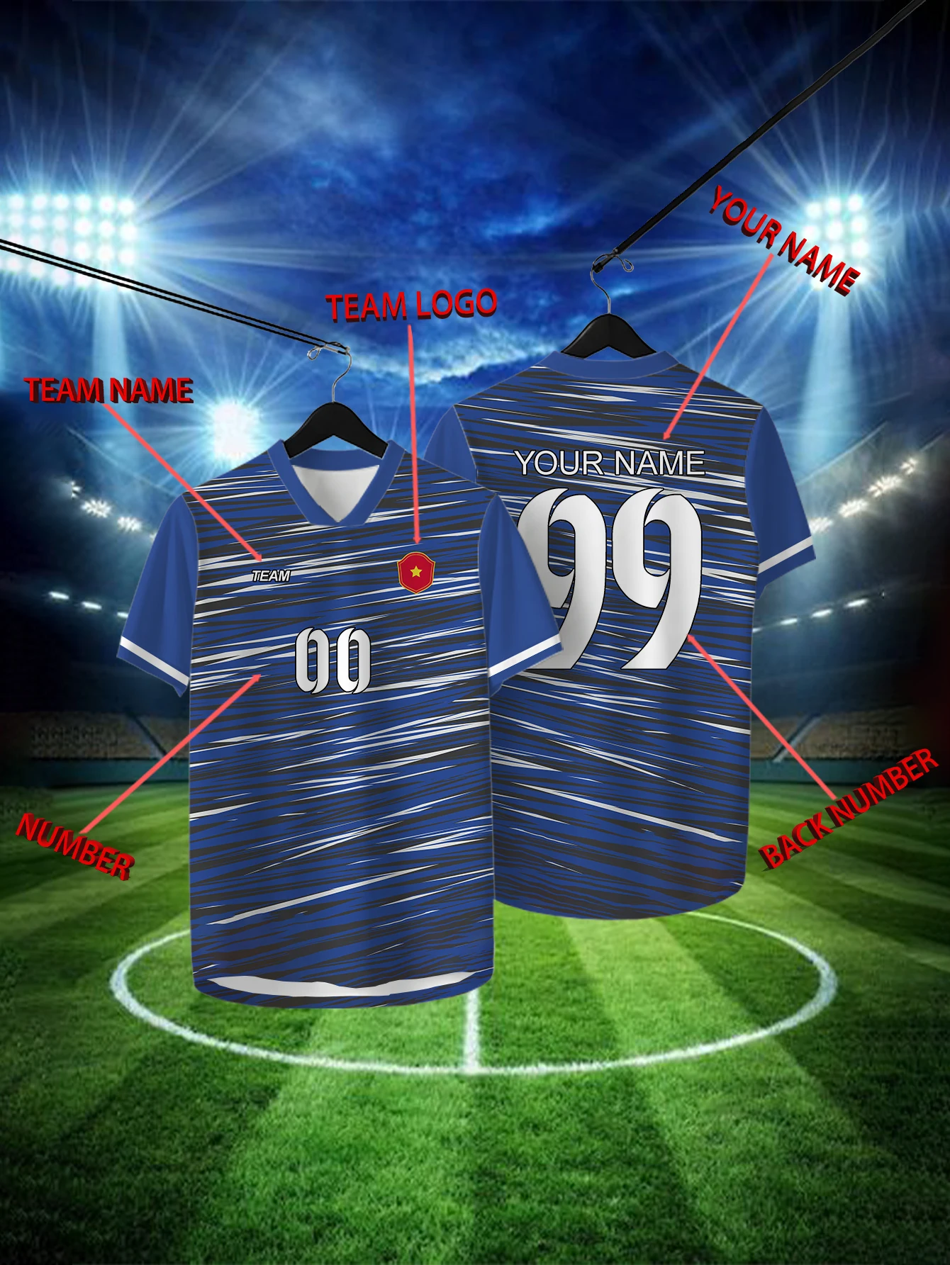 

Customized geometric blue short sleeved shirt with team name, emblem, name and number, outdoor sports short sleeved T-shirt