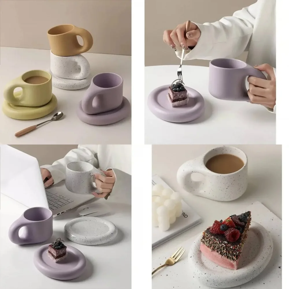 

Colorful and Creative Ceramic Mugs with Saucer - Stylish and Unique drinkware set for Office - Fun Fat Cups for Coffee, Milk, or