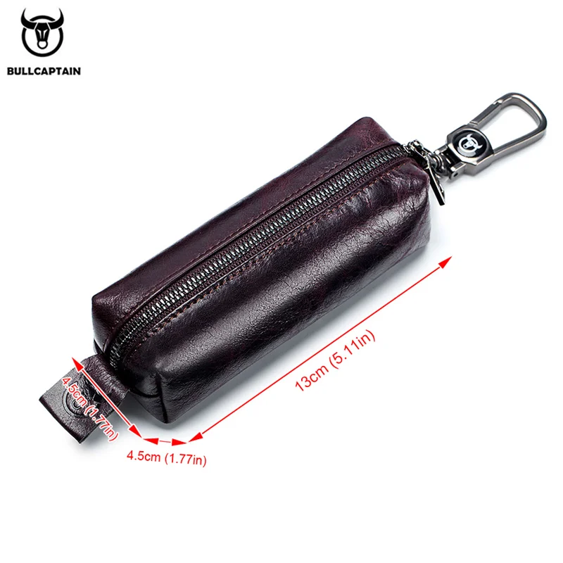 BULLCAPTAIN Genuine Leather Men's Car Keychain Leather Key Case High Quality Men's Butler Key Clip Zipper Two Card Key Case