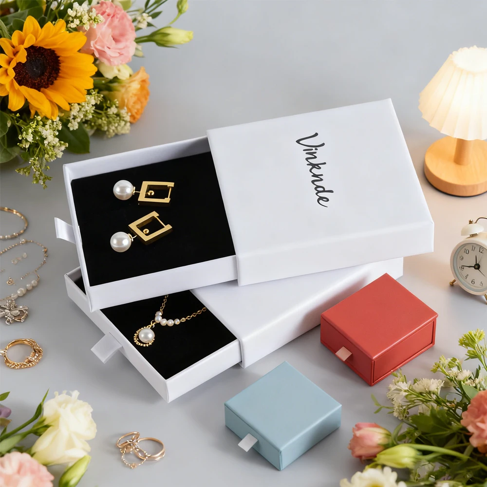 

100Pcs Drawer Jewelry Packaging Box Custom Logo Necklace Ring Earing Bracelet Storage Travel Organizer Display Paper Gift Boxes