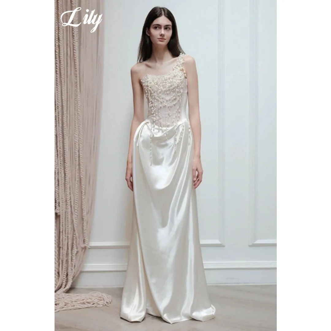 

Lily Elegant Ivory Prom Dresses One Shoulder Beaded Pearl Embellished Bodice Floor Length Formal Evening Party Gown Customized