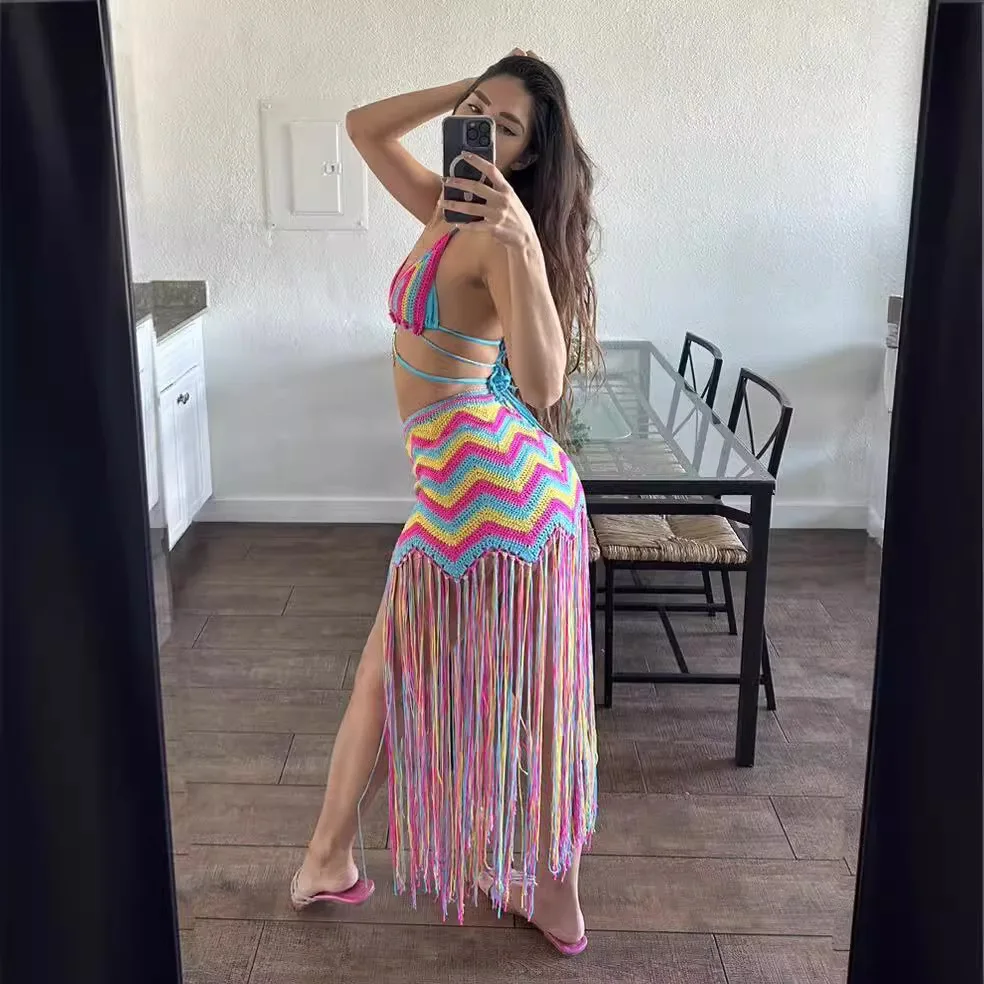 Women Rainbow Crochet Dress Sets Triangle Top Fringe Long Beach Skirt Swimwear Cover Ups 2 Piece Sets Womens Outfits