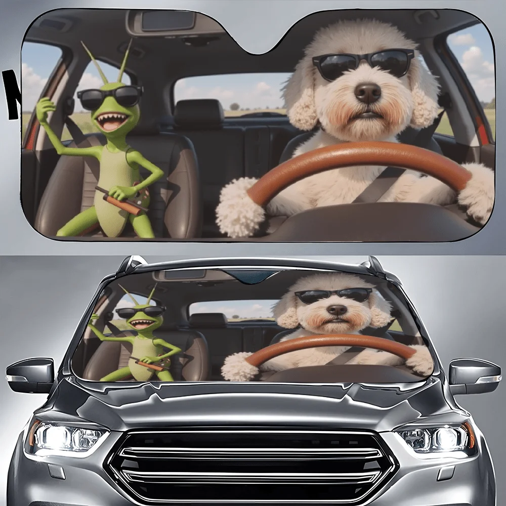 A Dog And A Frog Are Wearing Glasses Inside A Car, Which Is Equipped With Sunshades For The Front Window, Making It A Stylish Ac