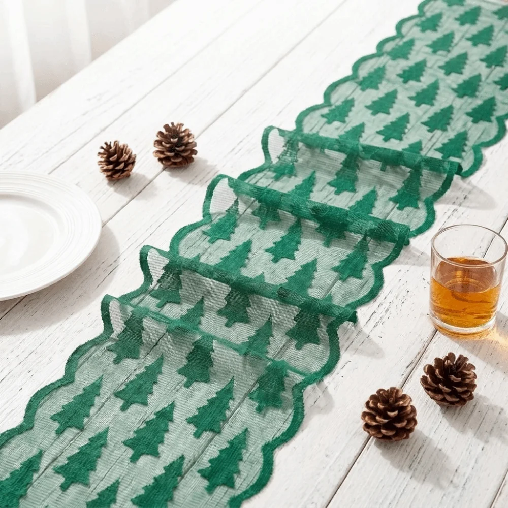 New Year Maple Leaf Christmas Tree Table Runner Lace Flower Christmas Table Flag Desk Decor Long Xmas Tablecloth New Year