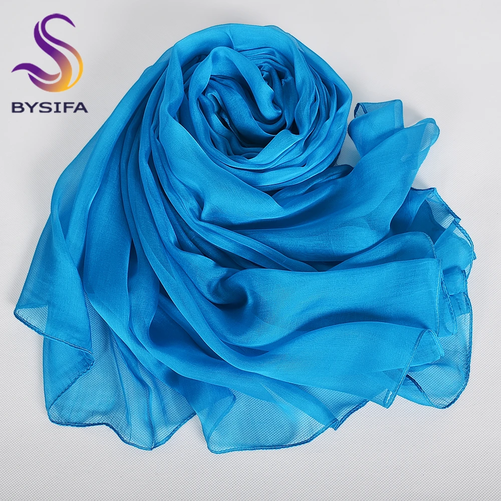 [BYSIFA] Peacock Blue Winter 100% Mulberry Silk Long Scarves Wraps Female Fashion Large Scarf Shawl Spring Fall Silk Scarf Cape