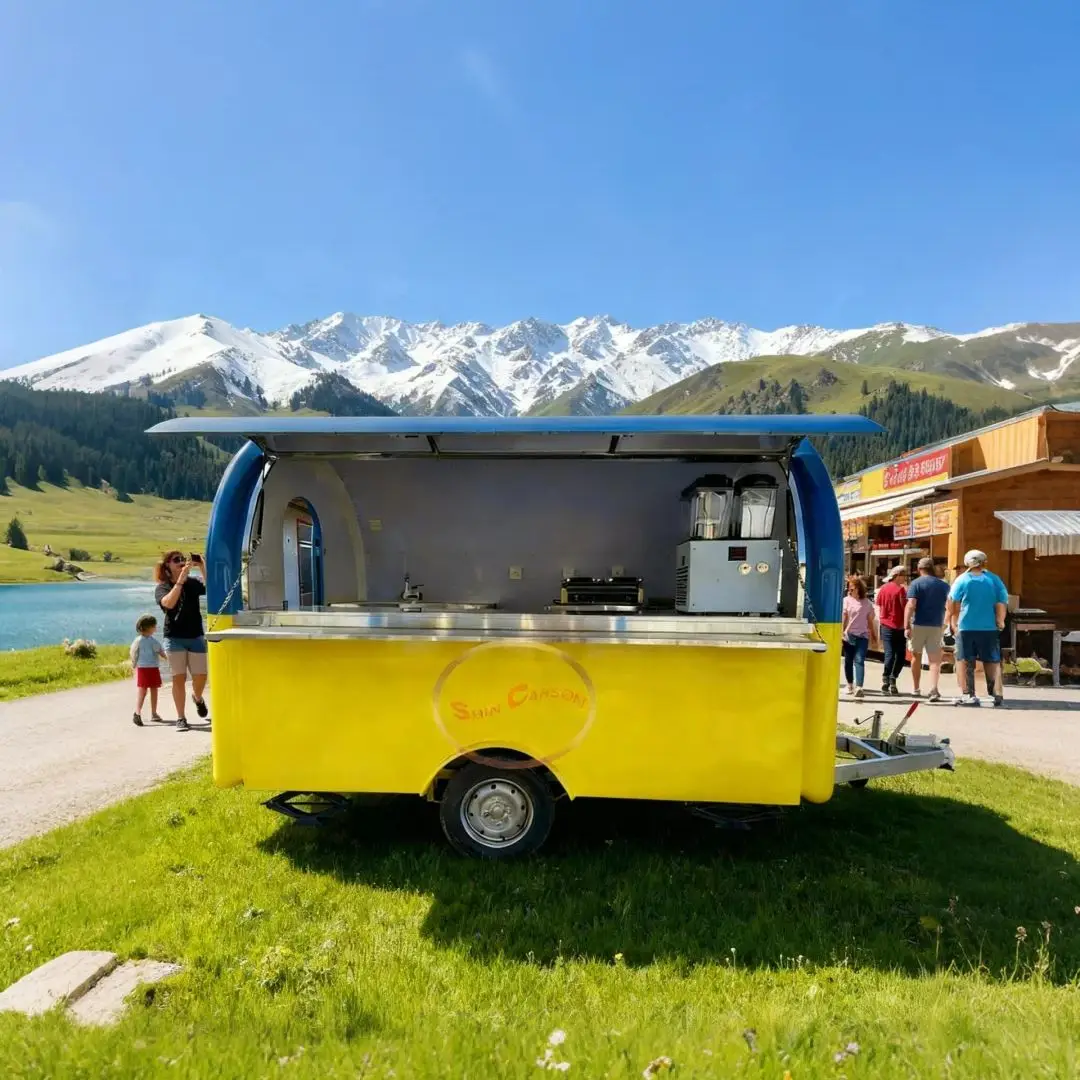 

Outdoor Food Trailer Blue-Yellow Color-Block round Cute Design Flexible Mobile Operation Versatile Venue Compatible