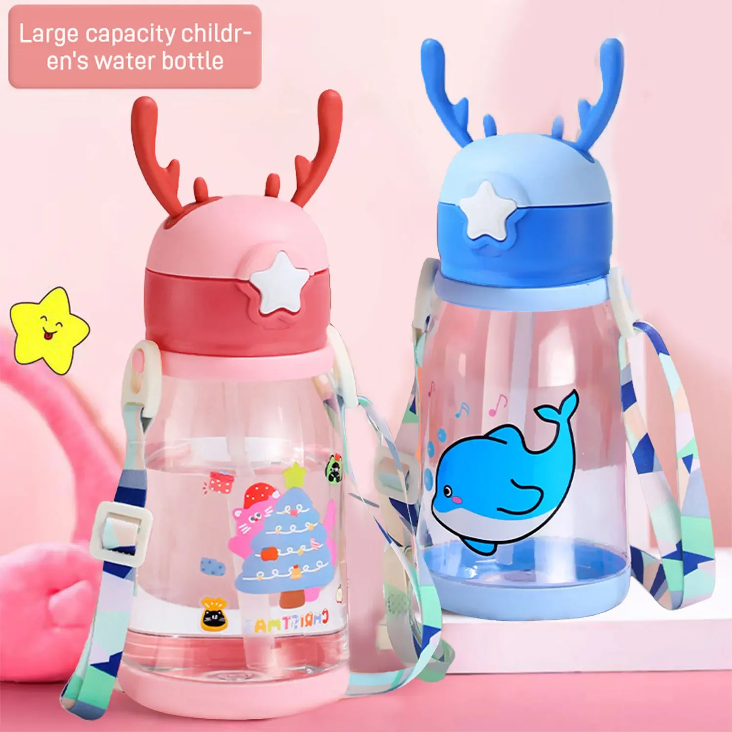 

600ml Kids Straw Cup with Strap, Cartoon Deer Antler Design, Large Capacity Leak-Proof Water Bottle for Children, Outdoor Sports