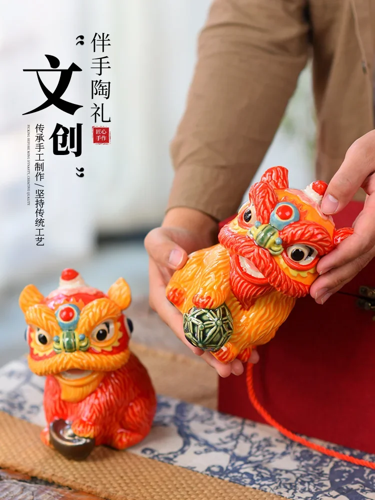 Desktop ornaments ceramic underglaze color handicrafts national tide style lion dance TV cabinet handicrafts housewarming gifts