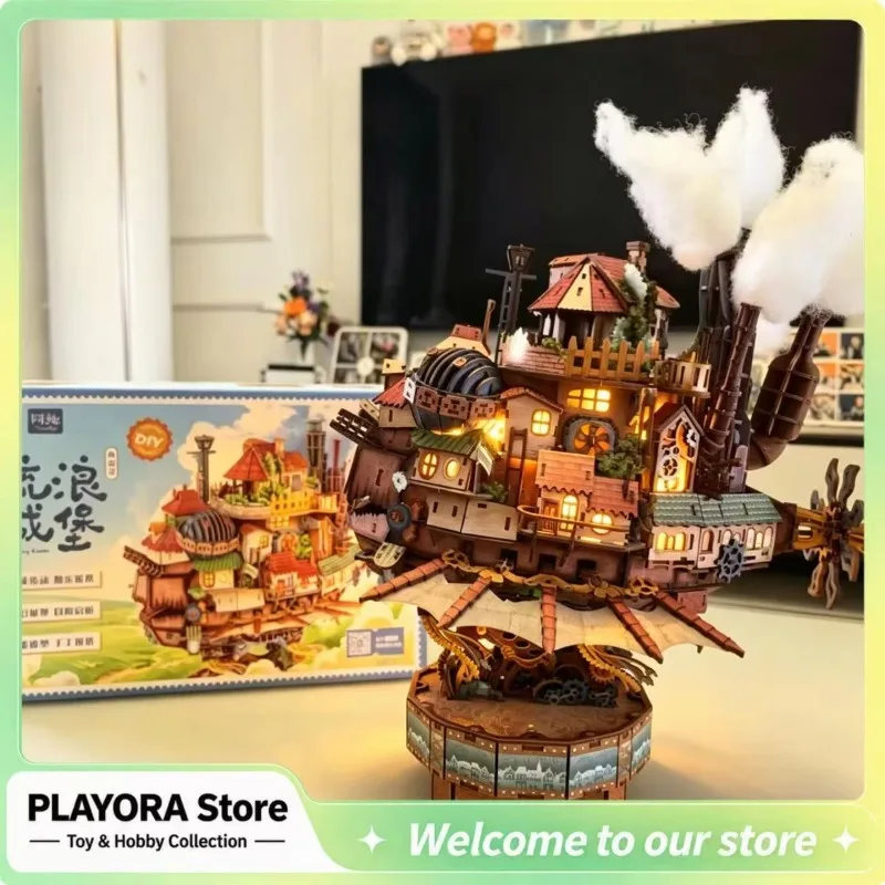 Floating Castle Wooden 3D Puzzle Model With LED Light DIY Handmade Assembly Building Kit Fantasy House Desktop Decor Fans Gift