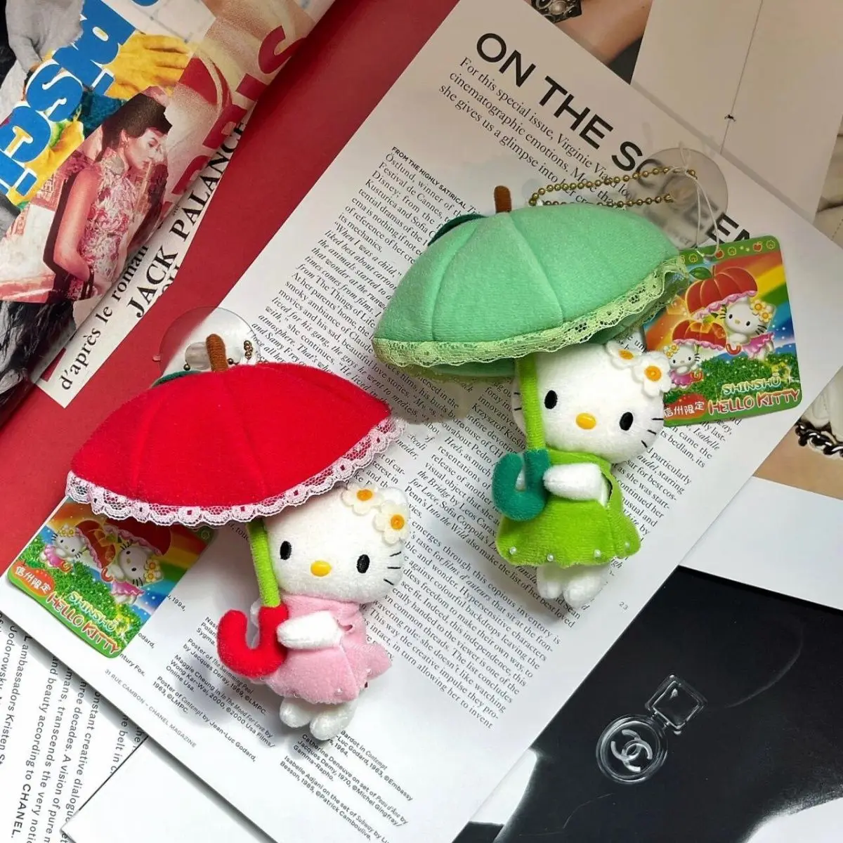 New Hello Kitty Red Umbrella Plushies Pendant Retro Plush Doll Keychain KT Cat Backpack Decoration Genuine Gift for Kids