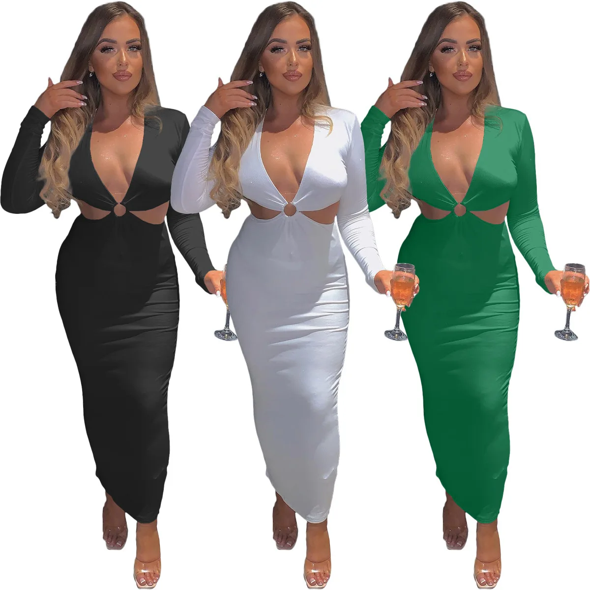 2026 Medium And Long Women's Clothing, Solid Color Small Pit Strip V-neck Steel Ring Hollow Slim Dress, New Summer Models Are Li