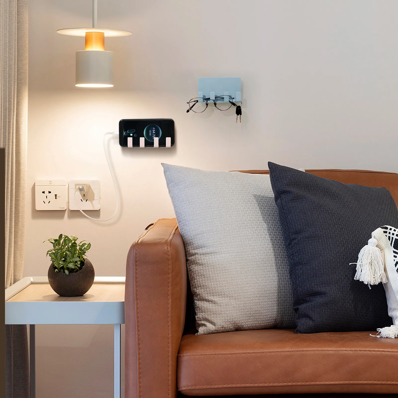 3Pcs Self-Adhesive Wall Storage Rack 4 Hooks Wall Mount Organizer for Keys Bags Phone Charging Holder Plastic Seamless Holder