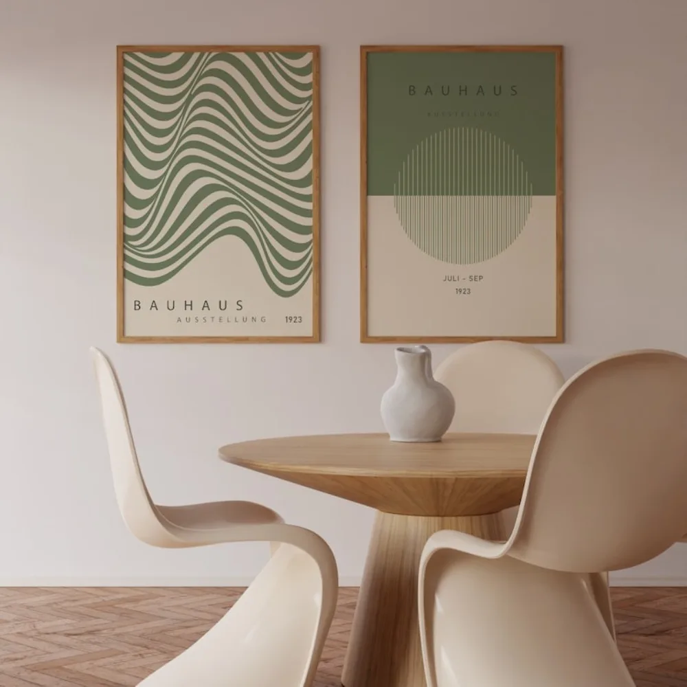 2PCS Large-sized frameless canvas paintings,2 Frameless Green Bauhaus Exhibition Posters Gallery Wall,Mid-century Modern Posters