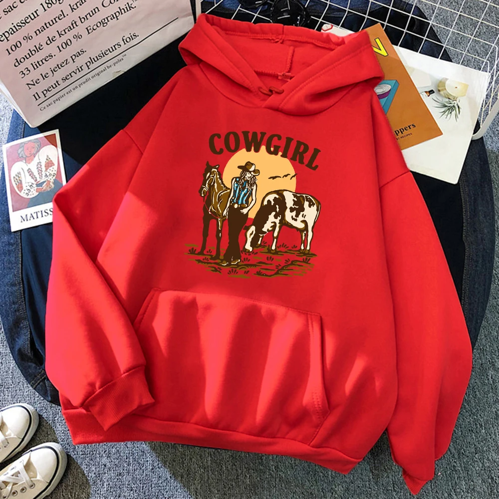 Sudadera con capucha de la vaquera y su vaca y el caballo viven en el oeste para mujer, sudaderas con capucha de calle de Hip Hop, ropa con bolsillo y cuello redondo, Jersey holgado