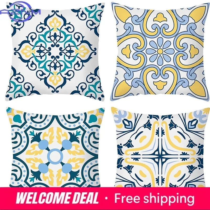 Home Decor Exquisite Blue-Yellow Patterned Throw Pillow Covers Pattern Cushion Cover Suitable for Sofa Bedroom Car Pillow Cover