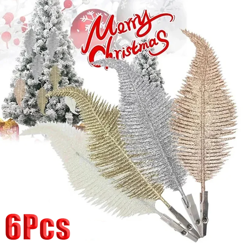 6pcs Feather Artificial Leaves Clip Christmas Tree Ornament Christmas Party Home Decoration Navidad New Year Wedding Flowers