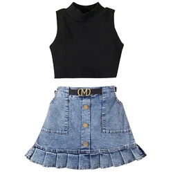 2Piece Sets Summer Kids Clothes Girl Fashion Cotton Sleeveless Black Baby Tops+Denim Skirt Children Boutique Clothing BC1091