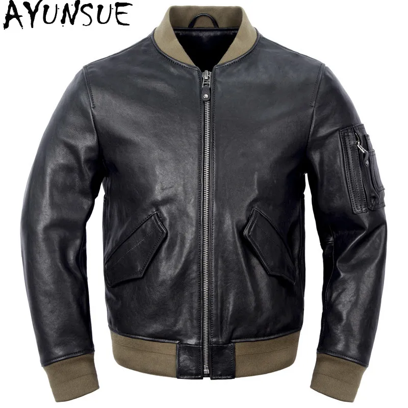 AYUNSUE 100% Pure Sheepskin Men Leather Jacket Top Quality Genuine Leather Coat Short Cotton-padded Baseball Coats jaqueta couro