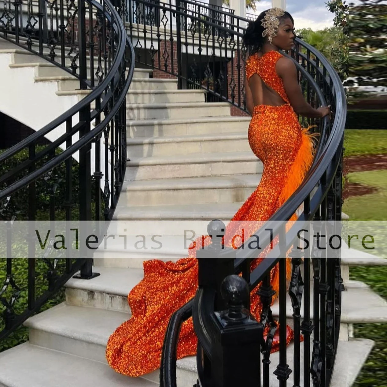 Vestidos de graduación de sirena verde y naranja para niñas negras, plumas de cristal, vestido de noche de ilusión Sexy, vestidos personalizados